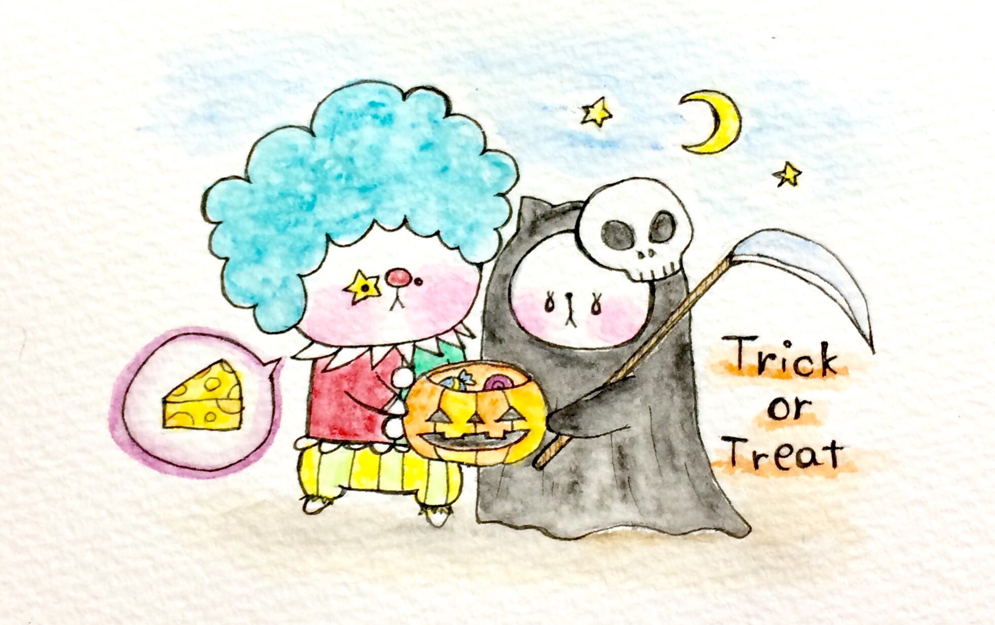 おこにゃん お菓子じゃなくてチーズちょうだい Trickortreat ハロウィン 仮装 ピエロ 死神 かぼちゃ 猫 ネコ ねこ イラスト 可愛い 1日1絵 手描き 絵描きさんと繋がりたい イラスト好きな人と繋がりたい お絵かき部 Cats T Co