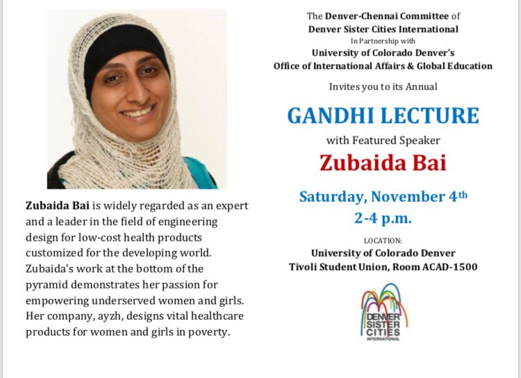 Join <a href="/DSCI/">Denver Sister Cities</a> on Sat, 11/4 for our ANNUAL Gandhi Lecture .. <a href="/zubaidabai/">Zubaida Bai</a> on maternal health, inclusion and social entrepreneurship. <a href="/ayzhinc/">ayzh</a>
