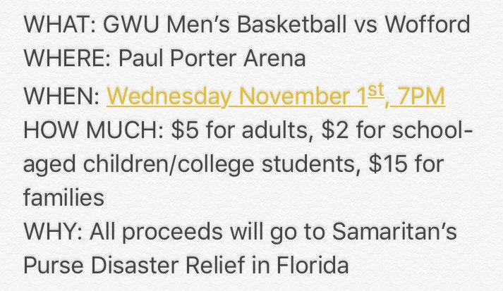 Everyone come out to our exhibition this Wednesday versus Wofford! ALL proceeds will be going to hurricane victims in Florida! See you then!