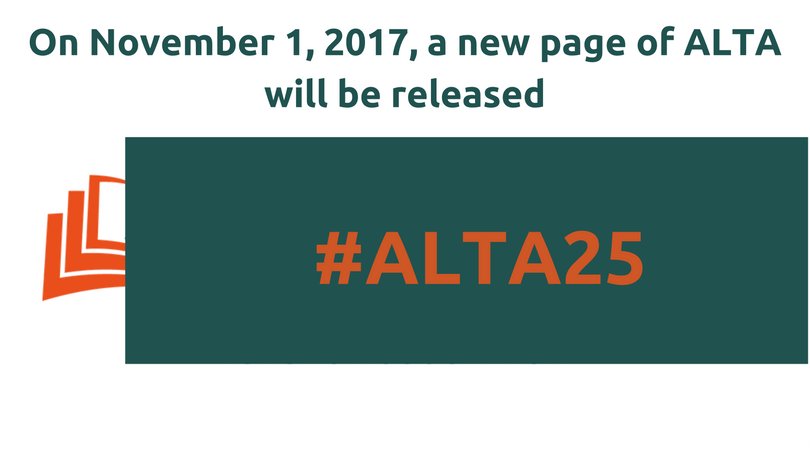 ALTA_TT's tweet photo. In celebration of our 25th anniversary, ALTA will launch something new on Nov 1 :) Stay tuned!
#ALTA25 https://t.co/NhzWgxXM8t