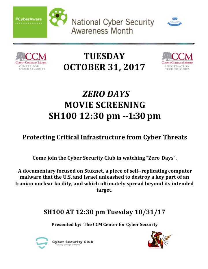 nbinowski's tweet photo. Cybersecurity Awareness activities continue 10/31 12:30 in SH100. A scary cyber movie appropriate for Halloween! #ncam #ccm #ccmIT @CCM_edu https://t.co/1yyBXXlgqi