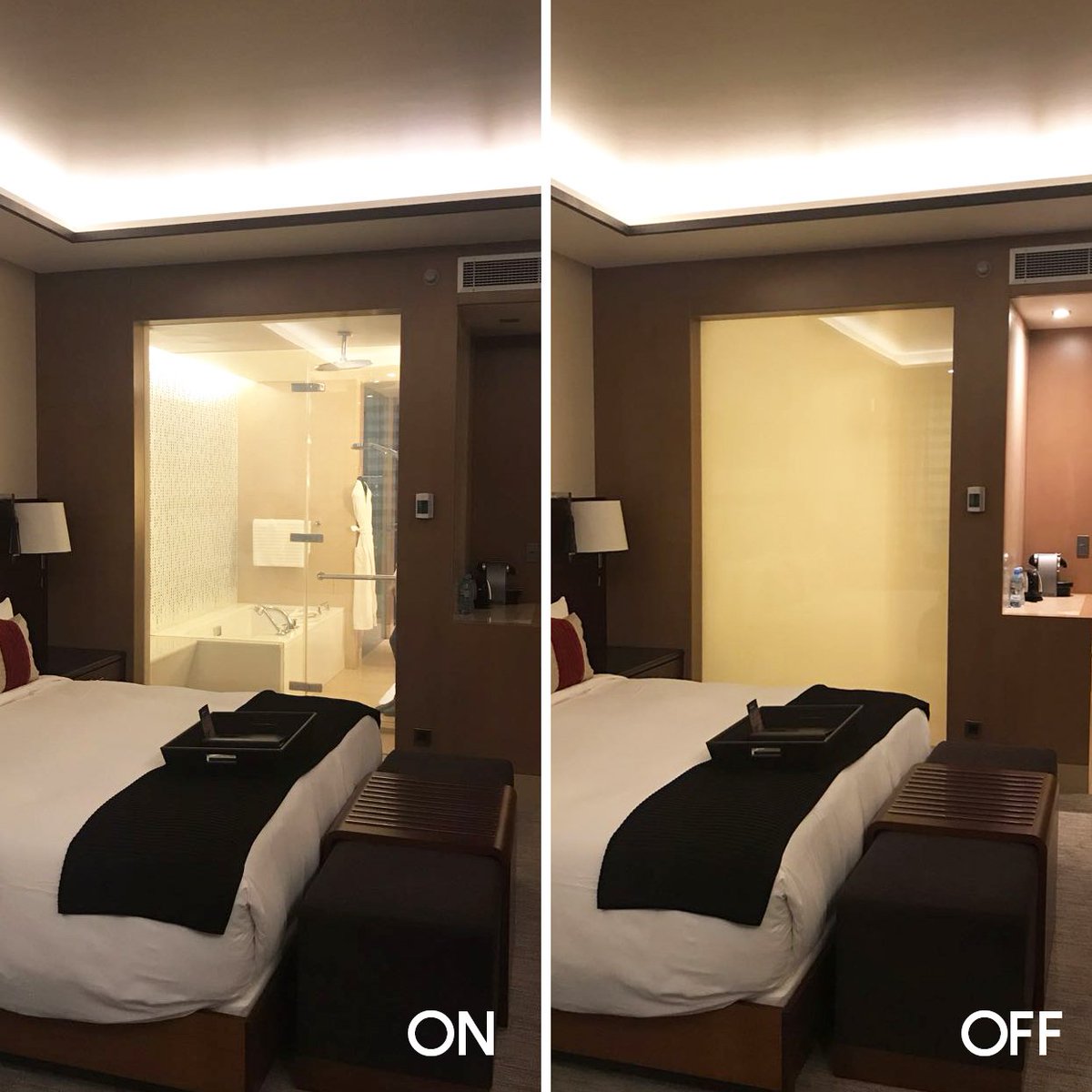 DreamGlassGroup's tweet photo. 218 En-suite bedroom partitions - maximum comfort and privacy at guest's will with #DreamGlassTheOriginal #bakudesign #switchableglass #intelligentglass #privacyglass #privacymatters #vidriointeligente #vidriopolarizado #switchview #switchglass #hotelroom #hoteldesign https://t.co/v08EIGaiPh