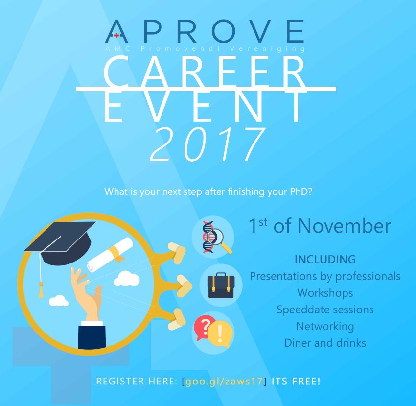 PsychRes's tweet photo. Wondering how to survive after your #PhD? Join the #APROVE #CareerEvent Wednesday 1st Nov in #AMC_NL. Registration: https://t.co/NJpJeCNFPB https://t.co/mJYGySFMxx