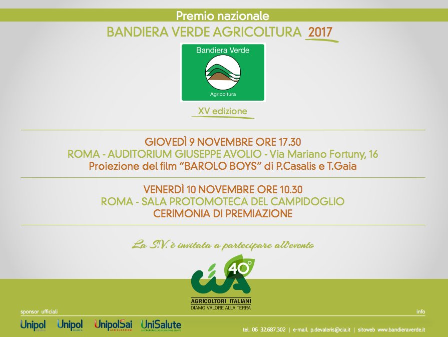 #BandieraVerde2017: <a href="/Cia_Agricoltura/">Cia-Agricoltori Italiani</a>, il 9 all'auditorium Avolio proiezione "Barolo boys"; il 10 in Campidoglio consegna premi ai vincitori