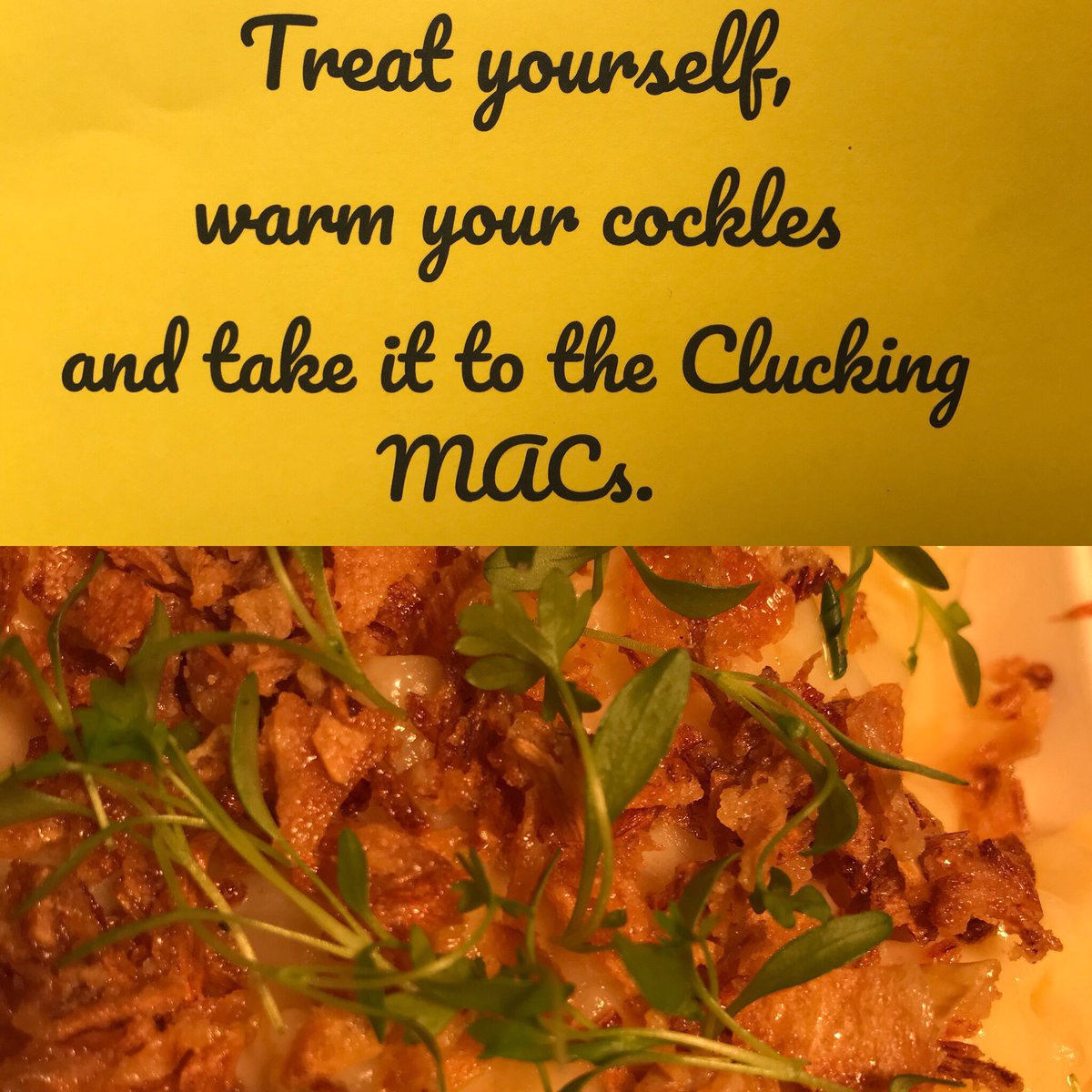 woolfandbird's tweet photo. Now serving Norfolk dapple Mac and Cheese from £4. Add 🥓 or 🍗 or Buffalo sauce or EVERYTHING to take it to the clucking MACS. https://t.co/S4mSeohnXj