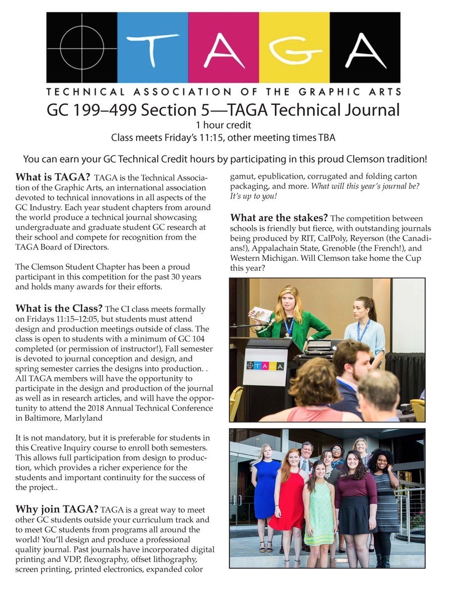 ClemsonGC's tweet photo. Time for another Spring course spotlight! Join the @ClemsonTAGA team in GC1990-4990 005, all while earning your GC Technical Credit hours https://t.co/bPnOG6x3lv