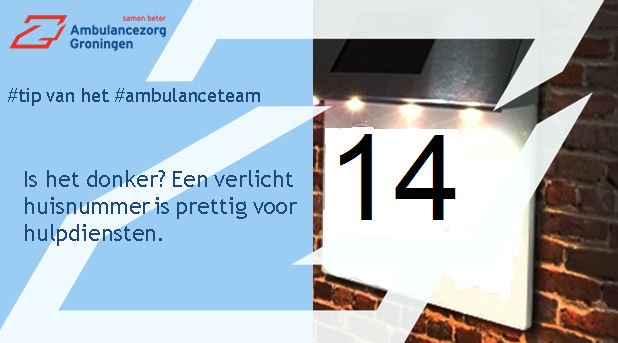 AmbulancezorgGR's tweet photo. Nu de klok weer is verzet, wordt het weer vroeg donker. Even een check: Zijn alle #huisnummers goed #zichtbaar? Alvast dank namens onze collega's!  #samenbeter #dmvda https://t.co/l2MiZMt7iO