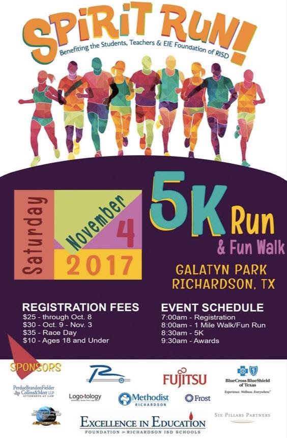 The Spirit Run is this Saturday! Pick up your packet November 2nd &amp; 3rd at the Richardson Bike Mart, 1451 W Campbell Rd Richardson, TX 75080