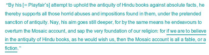 In1825, Bentley objected to Playfair with a Biblical argument as follows: pp 30/346 https://archive.org/stream/in.ernet.dli.2015.109519/2015.109519.A-Historical-View-Of-The-Hindu-Astronomy--Part-1-2#page/n29/mode/2up/search/fable