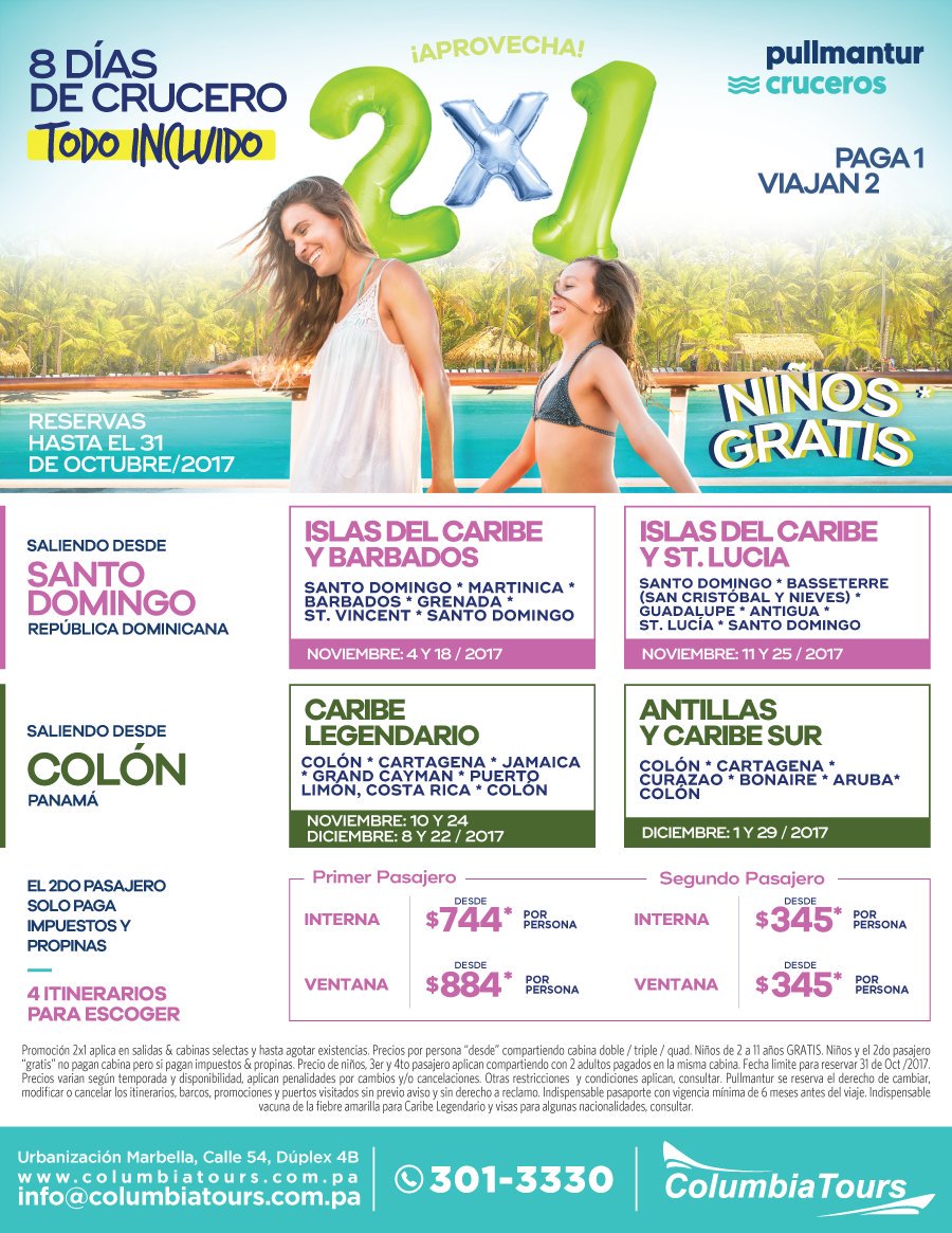 En Pullmantur el 1ro paga, el 2do es GRATIS* Aprovecha: PROMO VENCE Oct 31, 2017 llama301.3330 o info@columbiatours.com.pa <a href="/ColumbiaToursPA/">Columbia Tours</a>