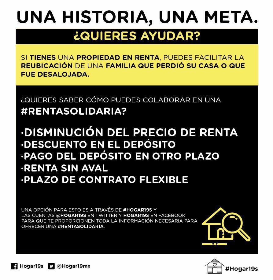 Hogar19mx's tweet photo. #Hogar19S Si tienes un cuarto, depa o casa que quieras ofrecer en #RentaSolidaria, llena este formulario: https://t.co/SoJ3fnLyme https://t.co/iaOEzuWcHb