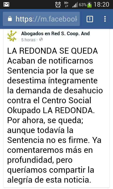 Buenas noticias!!!
La sentencia (aún no es firme y cabe recurso) desestima el desahucio del <a href="/CSOALaRedondaSQ/">LaRedondaSeQueda</a>!!!!
#LaRedondaSeQueda!!