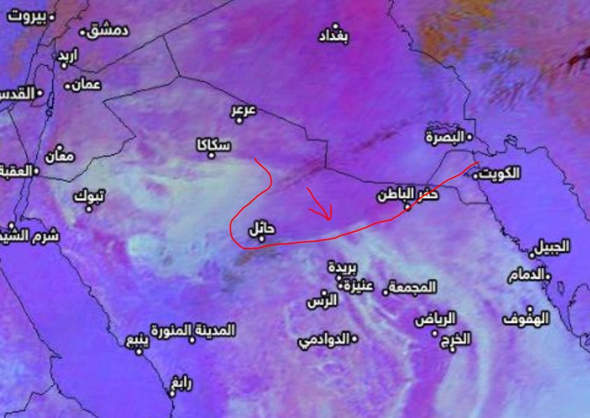 ALMISNID's tweet photo. المدافعة بين الرياح الشماليةوالجنوبية جعل كتلة الغبار تترنح لبضعة أيام ف الشمال السعودي
والان الكتلة تؤثر ع #حائل #حفرالباطن #رفحاء #الكويت https://t.co/cQkV5sQLX2