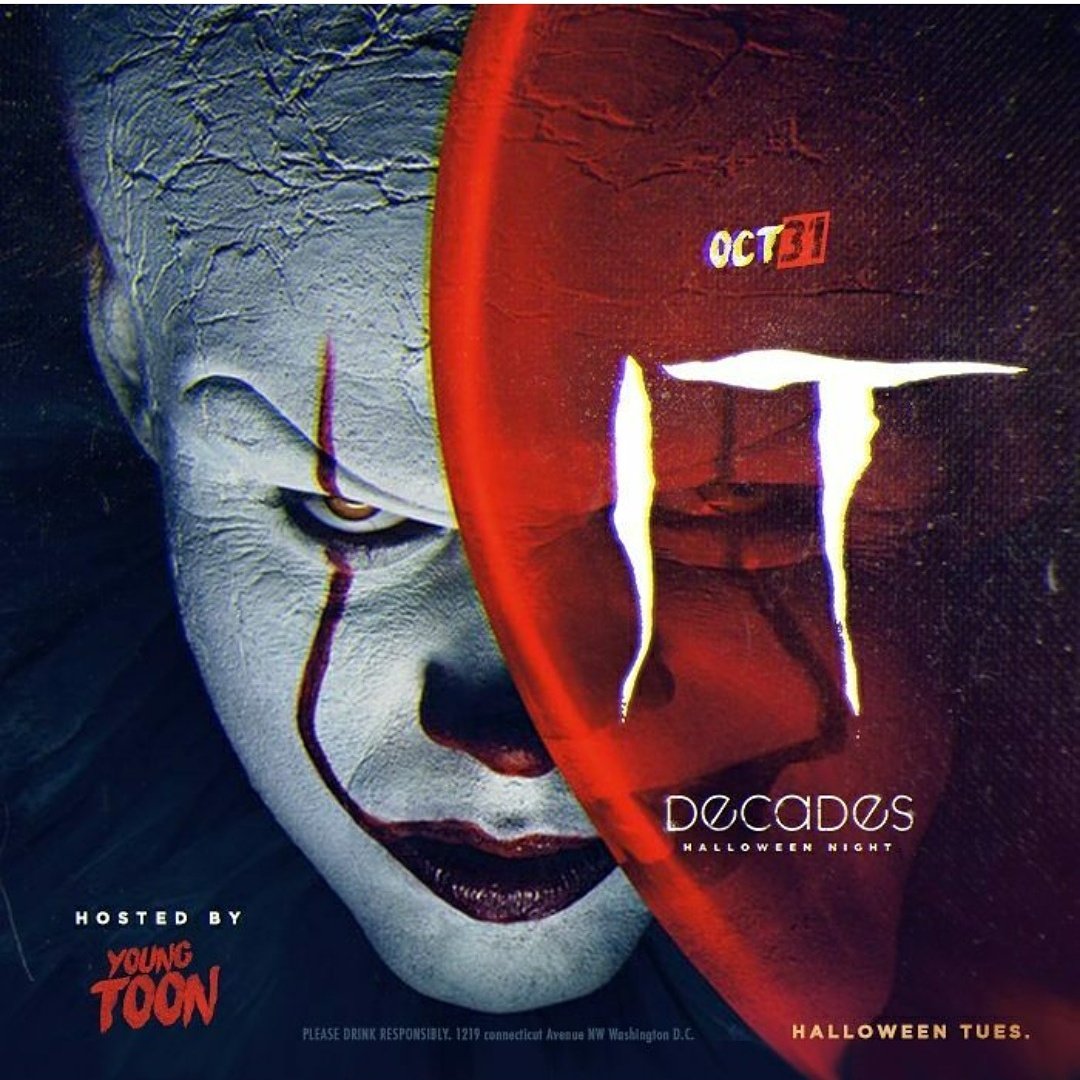 DecadesDC's tweet photo. Yes, we're open on #halloween night! It's going to be a #pennywise kind of evening at #decadesdc! Yikes! We'll scare you soon! #dcclubbing https://t.co/qLUVIwD15w