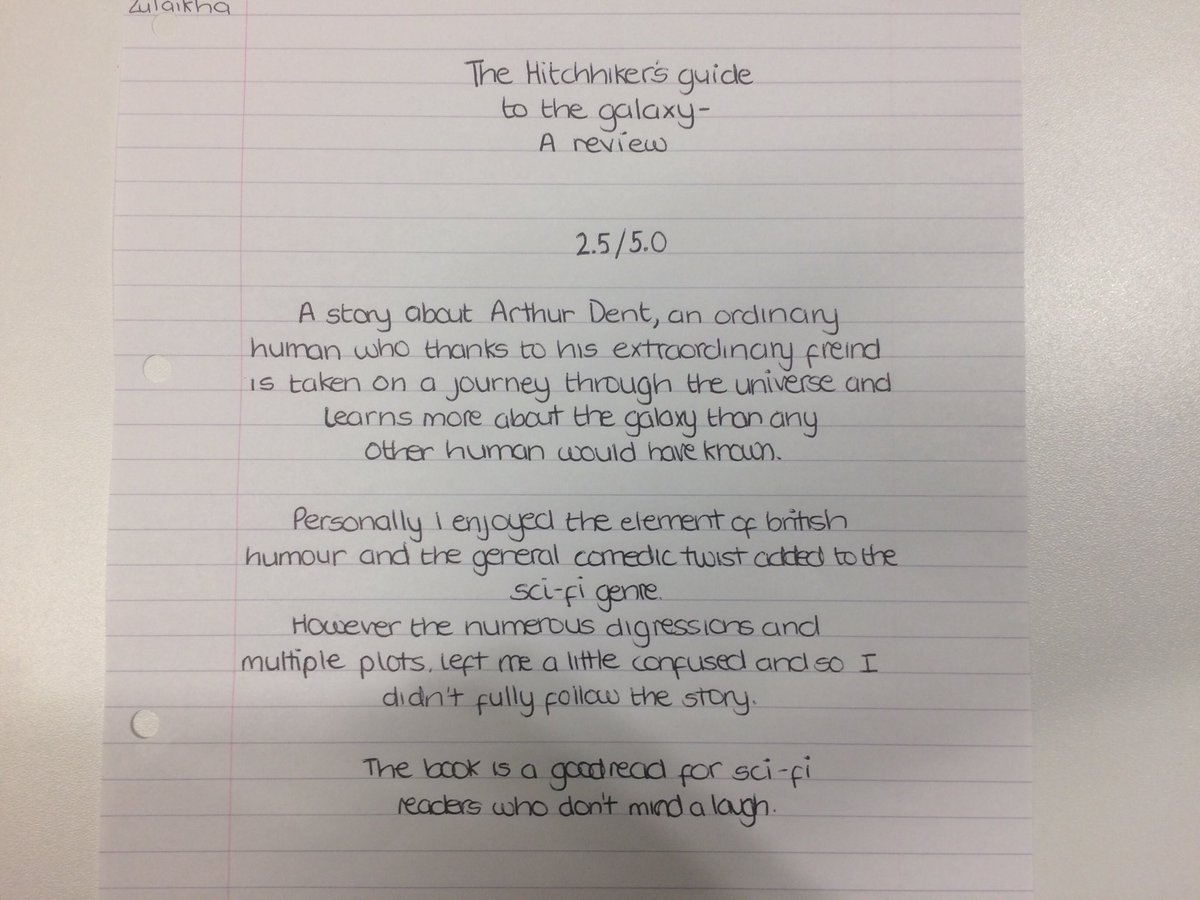 UoBSchool_Eng's tweet photo. Book reviews of ‘The Hitchhicker’s Guide to the Galaxy’ from our 6th form book club #getreading #42 (1/2) https://t.co/jLsCaxijUM
