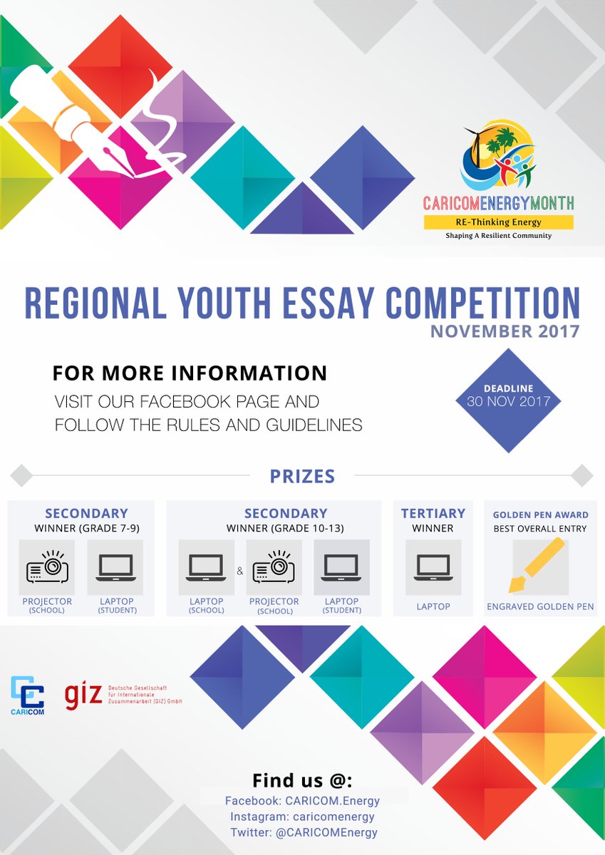 CARICOMEnergy's tweet photo. CARICOM Energy Month 2017: Regional Youth Essay Competition. For more information visit our Facebook page : https://t.co/nUAfy8GxLA #CEM2017 https://t.co/pgsBj1MsXO