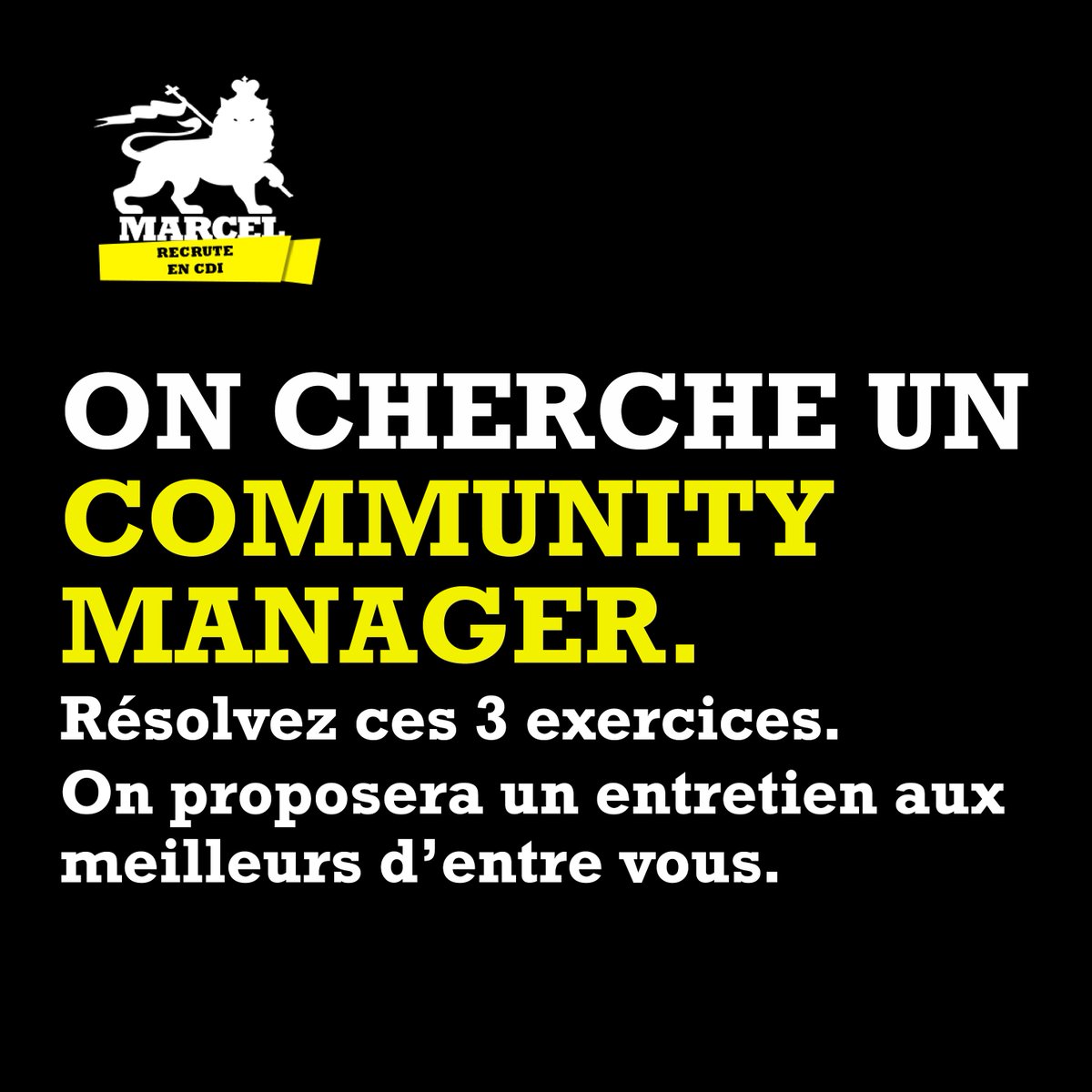 MarcelAgency's tweet photo. On cherche un CM, du coup voici 3 exercices. Réussissez les et venez nous rencontrer. 😊

Envoyez vos réponses à: damien.mescudi@marcelww.com https://t.co/sneHY9hnqb