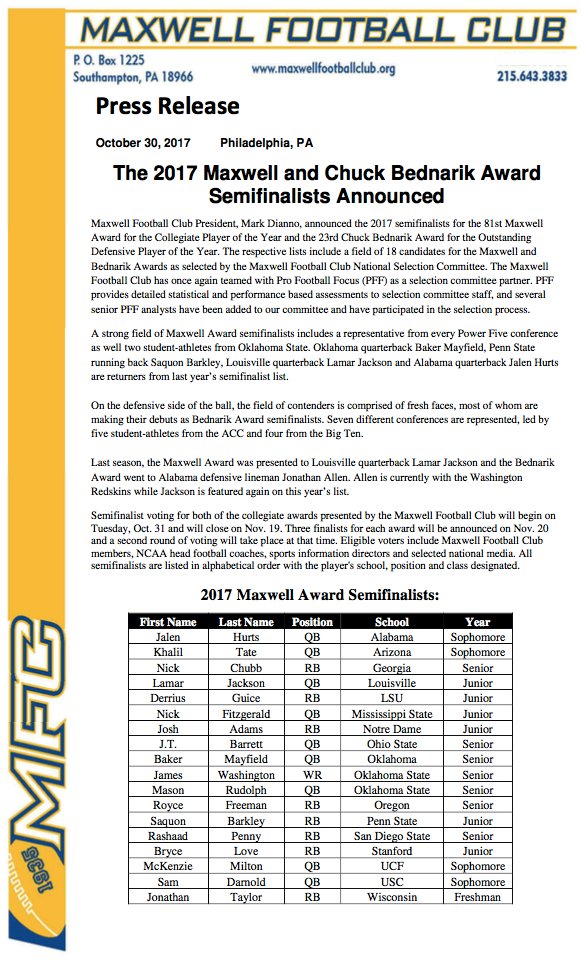 MaxwellFootball's tweet photo. The 2017 Maxwell & Chuck Bednarik Award Semifinalists have been announced! What are your thoughts? #ReplyTweets #MFC https://t.co/01XUTVsg4e