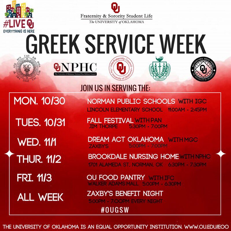 OUAlphaZZ's tweet photo. This week is the inaugural Greek Service Week! Join us as we serve OUr community w/ each day sponsored by a different Greek Council! #OUGSW https://t.co/1lttEPWChE
