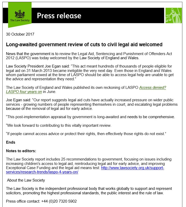 TheLawSociety's tweet photo. Press release: @LawSocPresident "If people cannot access advice or protect their rights, then effectively those rights do not exist” #LASPO https://t.co/5poEEdWDxP