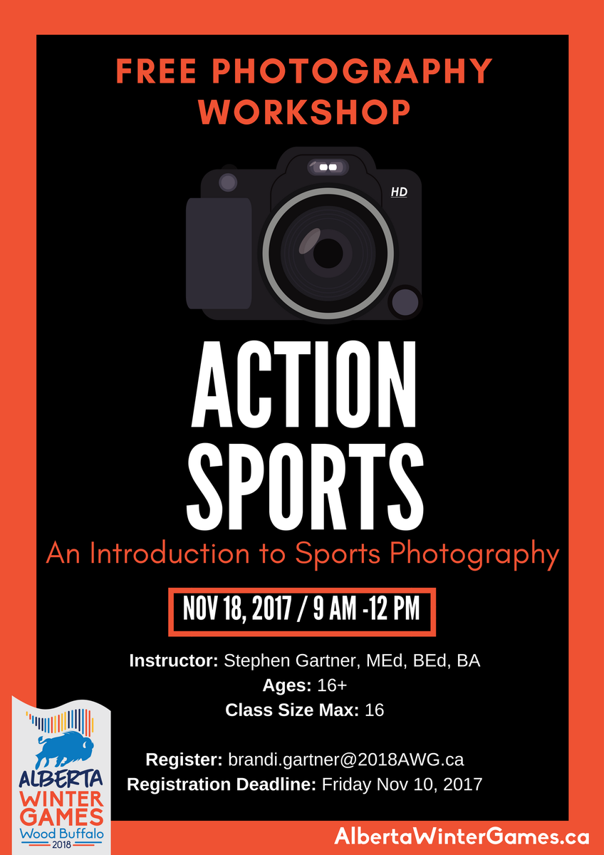 2018WoodBuffalo's tweet photo. Are you an amateur photographer looking to learn more about action photography? Join us for a FREE workshop! #ymm #rmwb #ITSGAMESTIME https://t.co/7XEYLh9JjD