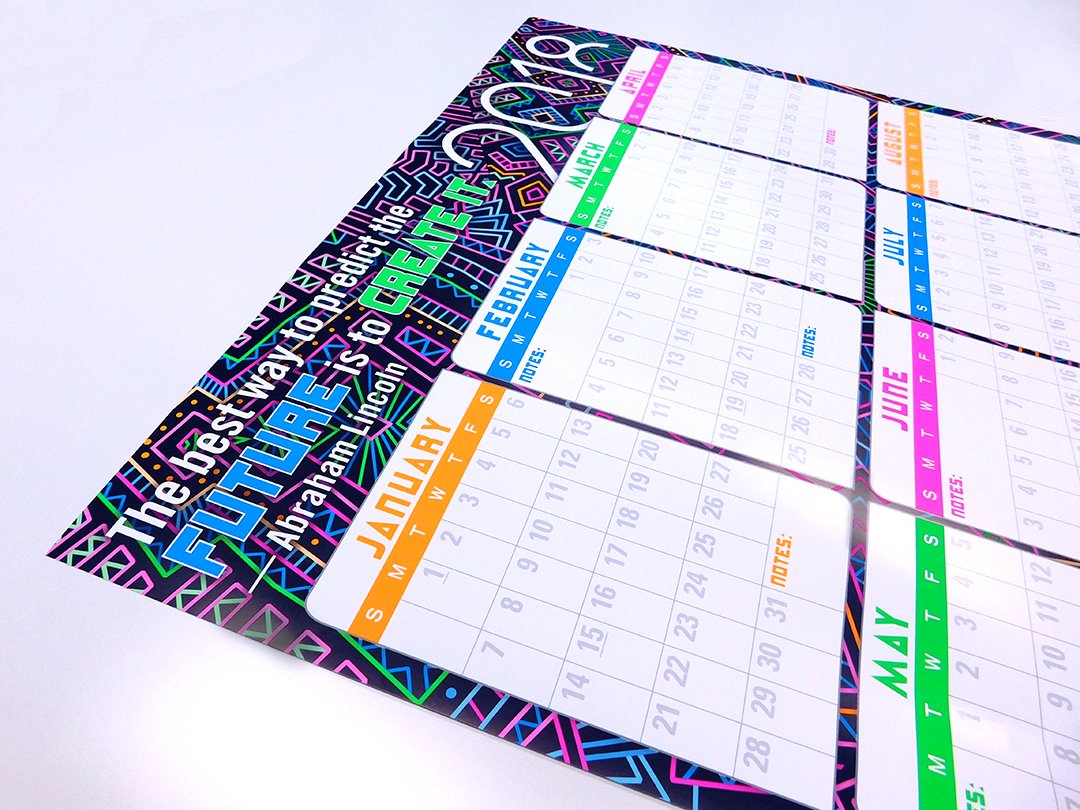 ProPrintersSC's tweet photo. Our 2018 Wall Calendars are printed in NEON ink! Call your Sales Rep or 1-800-948-1074 to get yours! #Neon #Color #Calendar #Proprinters https://t.co/ka0sIeII2Z