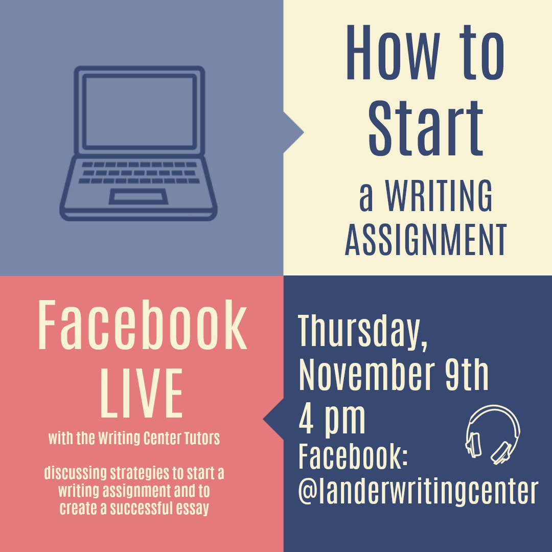 LU_WriteCenter's tweet image. Struggling with beginning your essay? Watch our next workshop on Thurs., Nov. 9th at 4 pm! On FB LIVE, we'll discussing strategies to start!