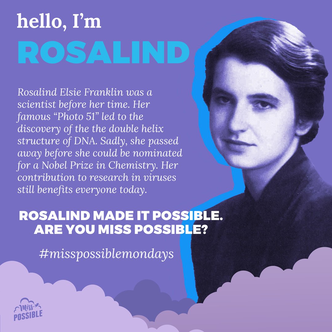 BeMissPossible's tweet photo. Rosalind Franklin is our #misspossiblemondays #STEM lady this week. She discovered the famous double helix structure of DNA! https://t.co/k3yQ7Pdmxr