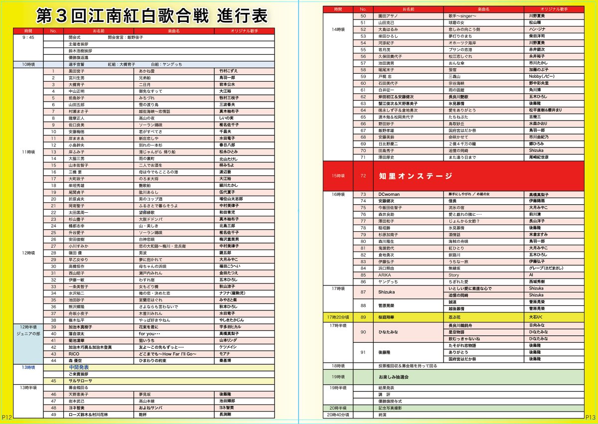シンガープロ 第３回江南紅白歌合戦 のプログラムに掲載予定の進行表です 進行時間は大体の目安です 第３回江南紅白 歌合戦は11月23日 祝 に江南市民文化会館で開催されます 只今 チケット 500円 販売中 皆さん ぜひ観覧にお越し下さい