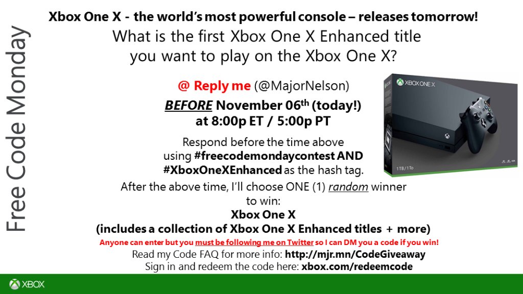 majornelson's tweet photo. #freecodemondaycontest #XboxOneXEnhanced edition time. Read this and you could win an Xbox One X. Good luck. https://t.co/naeRkeleTo