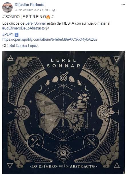 << EN LOS MEDIOS >>
-
LEREL SONNAR lanzó nuevo disco y sale de gira, vía Difusión Parlante.
-
➡️ facebook.com/DifusionParlan…