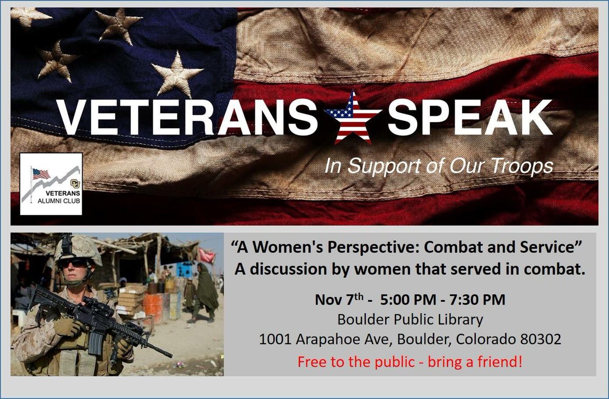 RexLaceby's tweet photo. Hosting a Panel for women that served in a combat zone for Veterans Speak CO. Join us on Nov 7th at 5 PM, @boulderlibrary Admission is free. https://t.co/lz0jN71sEh