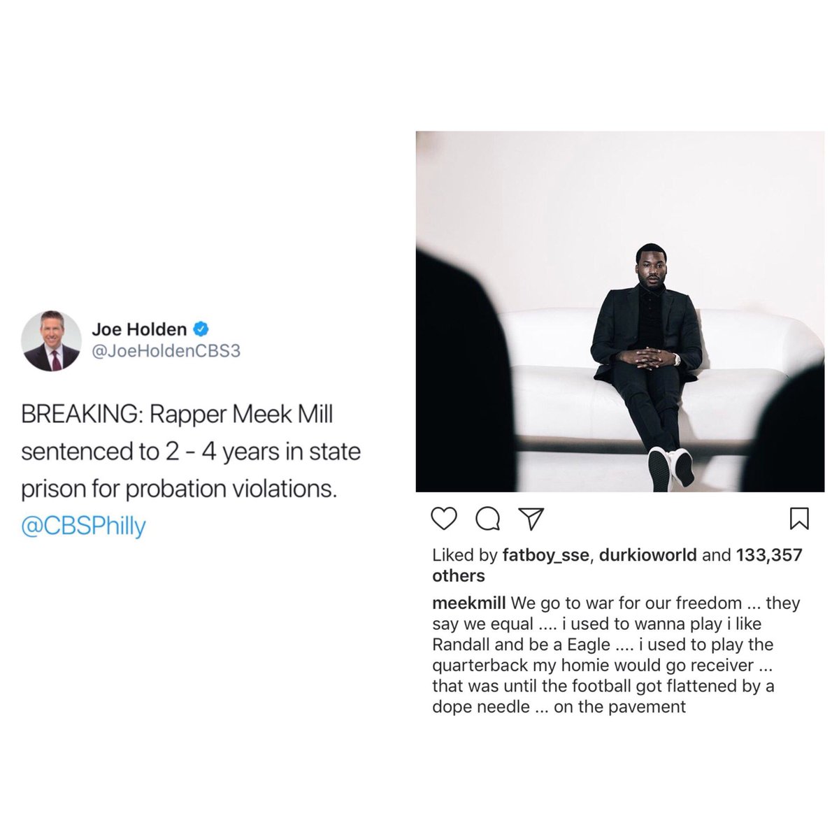 WORLDSTAR's tweet photo. According to reports, @MeekMill has been sentenced 2-4 years in state prison for multiple probation violations! 😳😩 #MeekMill #WSHH https://t.co/N1xyn1kJJC