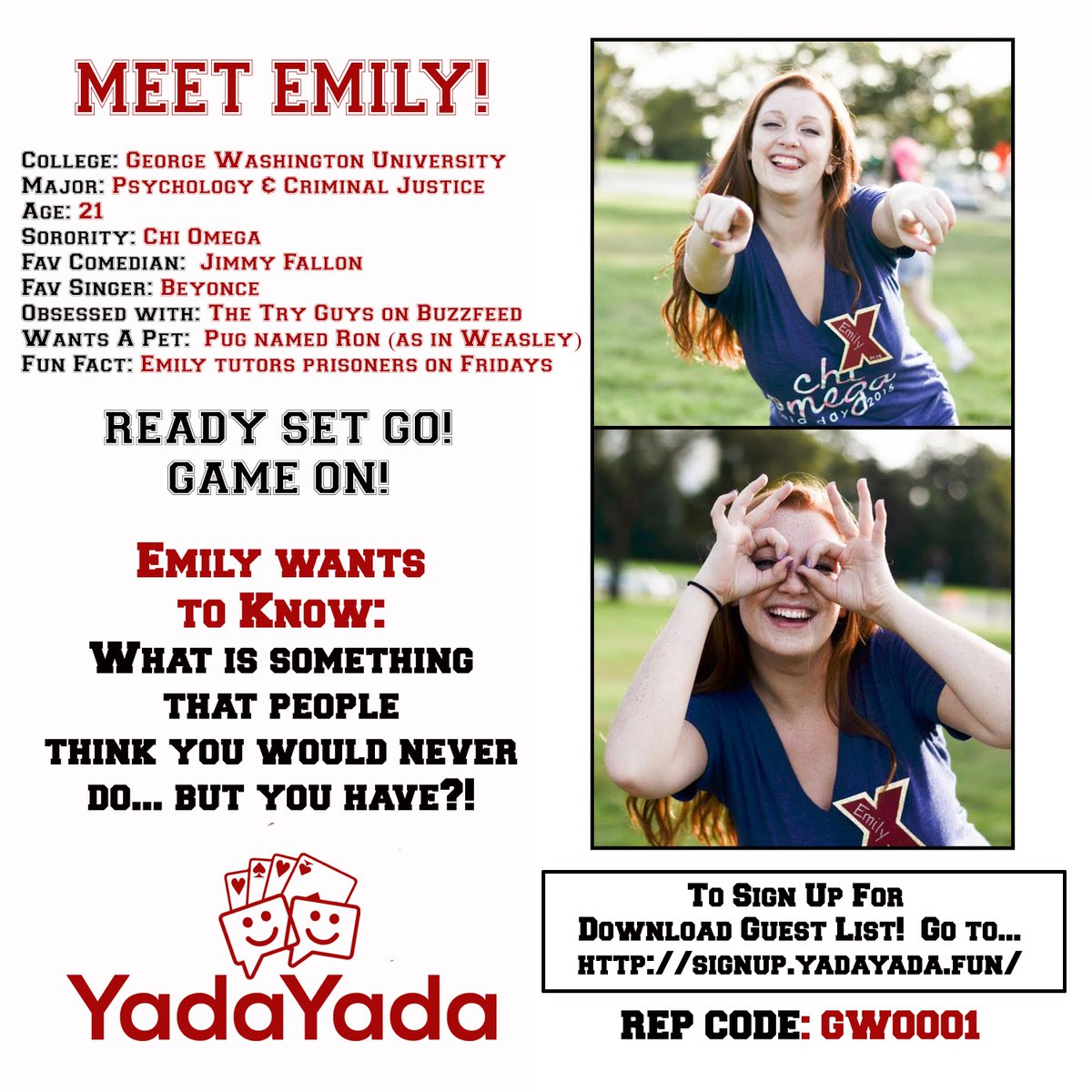 yadayadagame's tweet photo. Meet Emily!  Be one of her guests to get our app later on this month if you sign up at https://t.co/lZMJFDNoiK  and put in her promo code GW0001!  Answer her question below &amp; her chosen lucky winner will get a bonus prize!  @jimmyfallon @Beyonce @tryguys @GWChiOmega @GWtweets https://t.co/FKKG5MvnIM