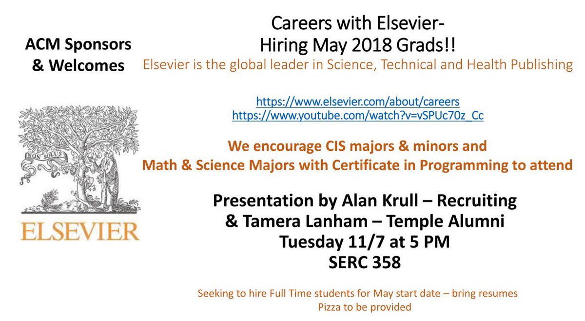 TempleACM's tweet photo. Do not miss out on this fantastic networking opportunity with Elsevier tomorrow! (And who doesn’t like free 🍕?!)  #templeuniversity #ACM https://t.co/8Efrpspji8
