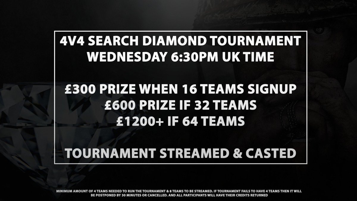 theesporthub's tweet image. Wed 6:30pm GMT.
4v4 Search 💎 Tournament.
10 credits per player 

16 teams = £300 instant payout.

Streamed &amp;amp; Casted.
theesportshub.com/tournament/inf…