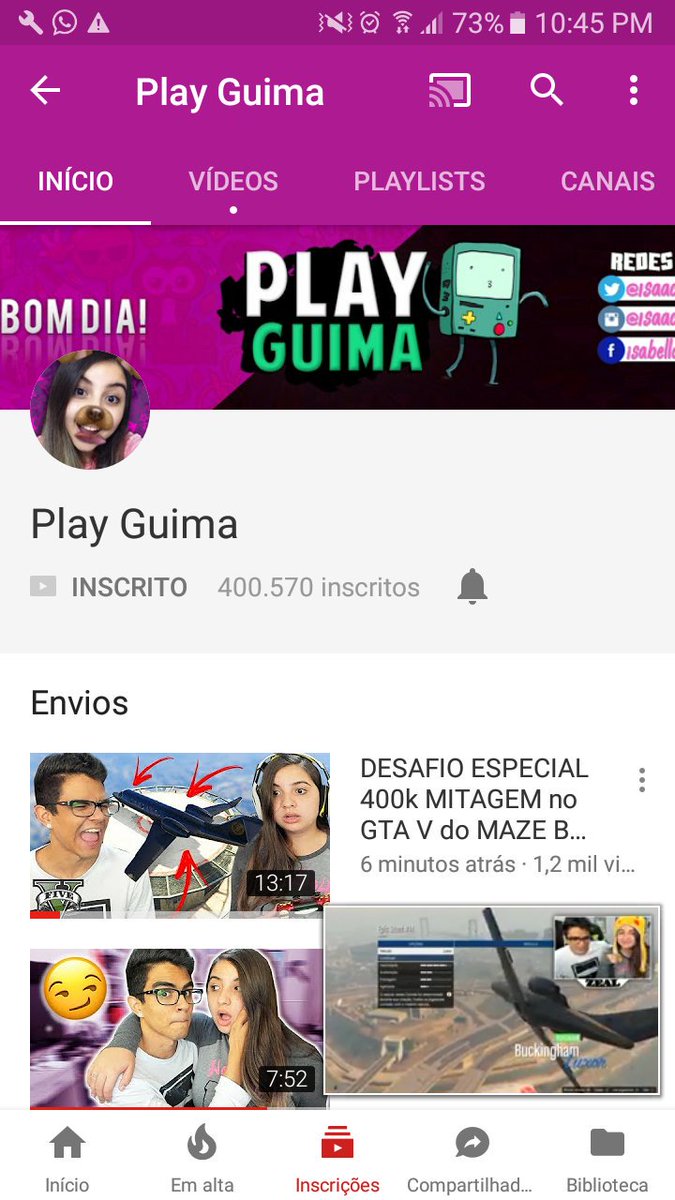 Cazonatti1's tweet photo. @isaacristine guima vc cresce muito no youtube umas 2 horas atras vc tava com 399,885 subs ganhou muito subs,daqui a pouco e #Guima1M https://t.co/pFvh9F531P