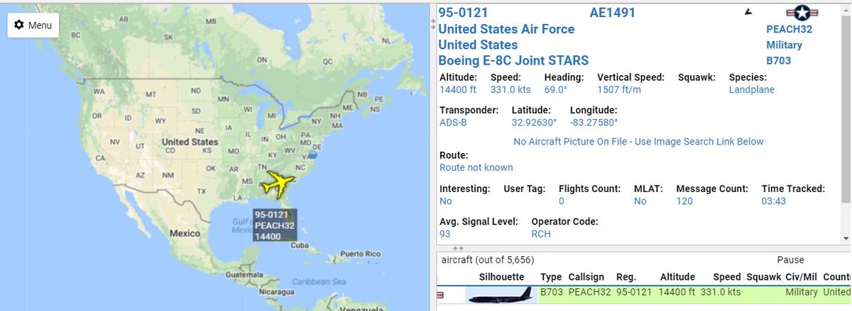 Surveillance911's tweet photo. The Georgia Peach is airborne #E8 #JSTARS #PEACH32 95-0121 https://t.co/mNWPeILfJf