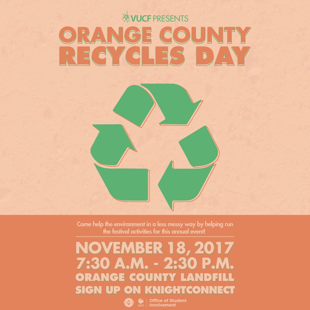 vucf_pr's tweet photo. Come out to Orange County Recycles Day on November 18th! Carpool meets at the Lake Claire Rec Area and free lunch will be provided! https://t.co/udmJF5XtD5