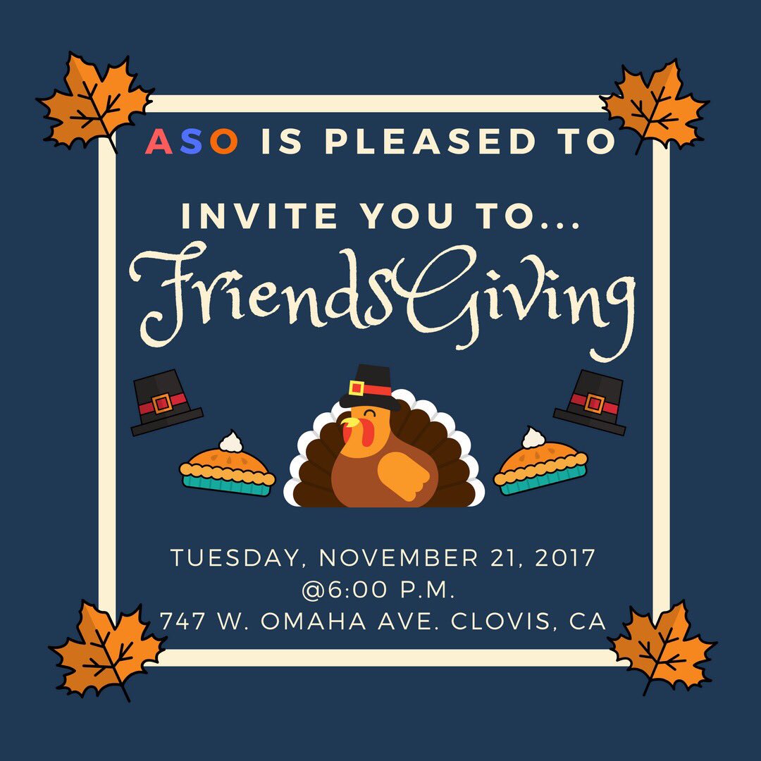 FresnoStateASO's tweet photo. 🦃🍁It’s a potluck so if you wish to attend, let us know so we can plan accordingly. Hope to see you there! https://t.co/TaWWjO6eQf