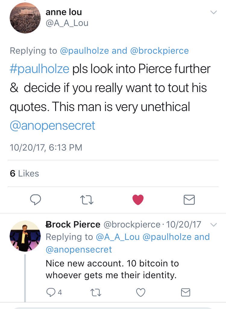 AnOpenSecret's tweet photo. PLEASE RT ⚠️🆘@Brockpierce 🔥MAKES 2nd THREAT @AnOpenSecret🔥 w/10 BITCOIN BOUNTY💰= 💲70,360.05 💵 to dox &amp; silence talk on #AnOpenSecret  🕵️👮🚔⚖️ https://t.co/Dttzn1NLXG