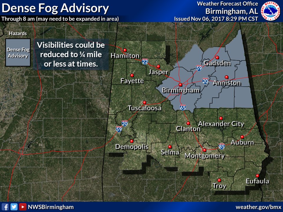 NWSBirmingham's tweet photo. Dense Fog Advisory issued for parts of central AL. Don't be surprised if area is expanded overnight. #LowBeamHeadlights #alwx https://t.co/zf5ynNJEd1