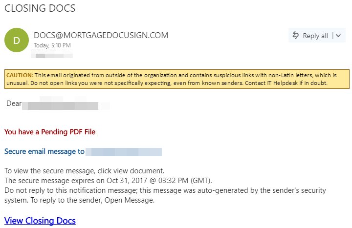 SwiftOnSecurity's tweet photo. Woot! My (custom) unicode domain name Exchange rule triggered on a Docusign fraud email today, auto-adding a dynamic warning to the message. https://t.co/qM0b4NZmTq