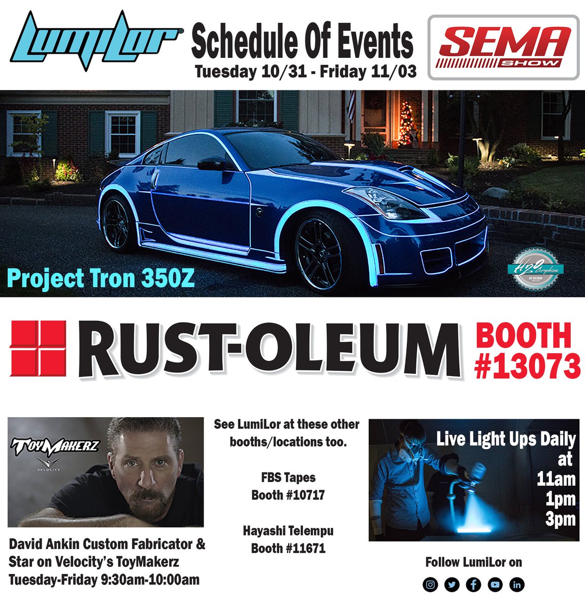 LumiLor's tweet photo. Going to #SEMA2017? Visit us at the @RustOleum booth 13073
#LightYourWay with LumiLor's #LightEmittingCoating https://t.co/UWz7V0pkZC