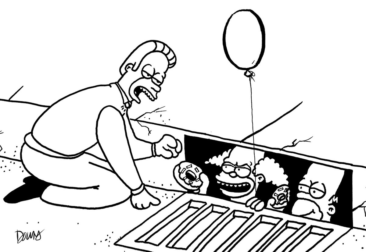 ShushPupStudio's tweet photo. Twenty-nine seasons strong, tonight's fake #DeadChuck guest artist is Matt Groening. "We all get fat down here!" #Inktober #Almostdone https://t.co/zUSfEvxVqn