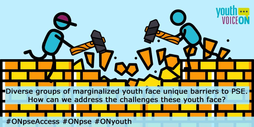 YouthVoiceON's tweet photo. Diverse groups of marginalized youth face unique barriers to PSE. How can we address the challenges these #ONyouth face? #OnPSEaccess #onpse https://t.co/AVZPLskx9Q