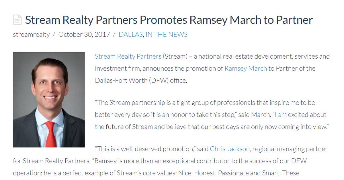 StreamRealty's tweet photo. Ramsey March promoted to Partner of Stream's DFW office https://t.co/vW9nxyY0hC #cre #leadership #streamtalent #congratulations https://t.co/zIr97pgKlB
