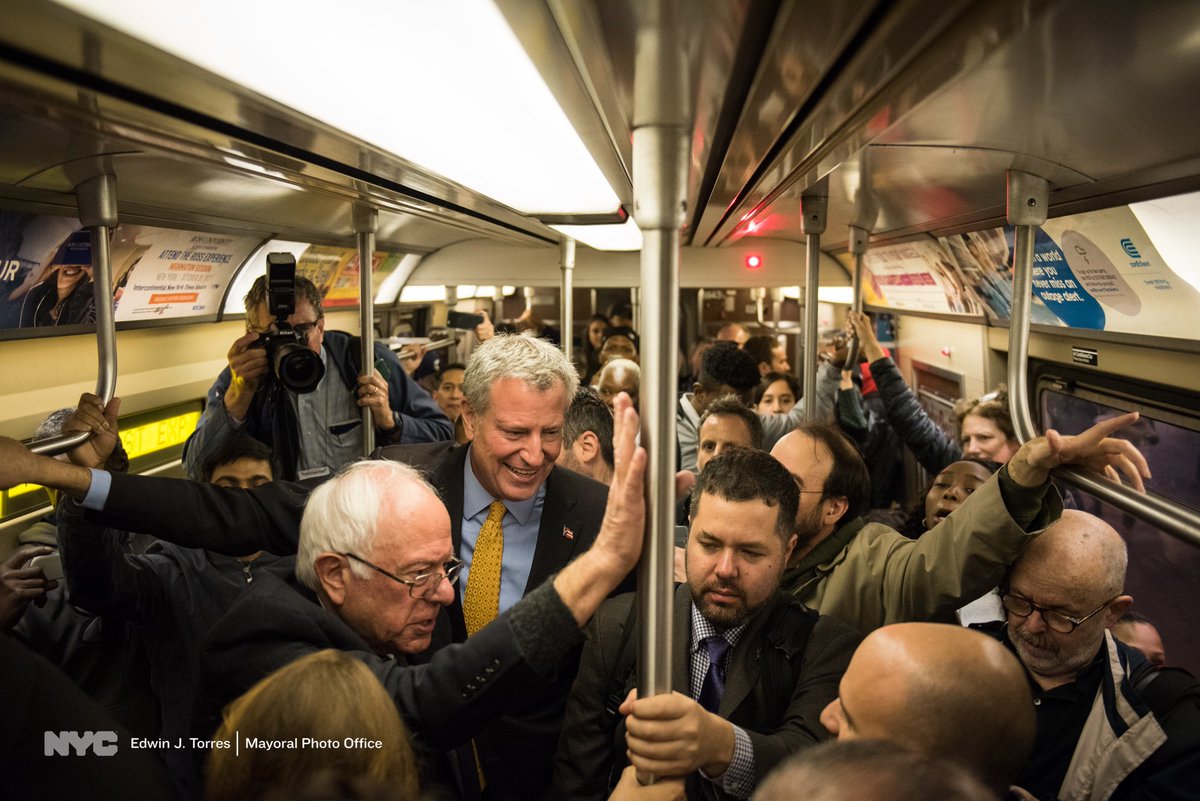 NYCMayorsOffice's tweet photo. We were happy to have Brooklyn native @SenSanders back in his home city to talk about our subway system. #FairFix https://t.co/jyuu4mzKsm