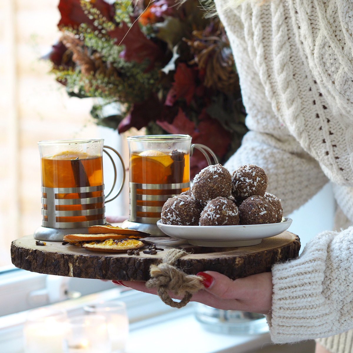 I m treating myself to orange spice #tea with lemon & #coconut #energyballs and I m off to bed early. Recipe on my insta&FB #cleaneating