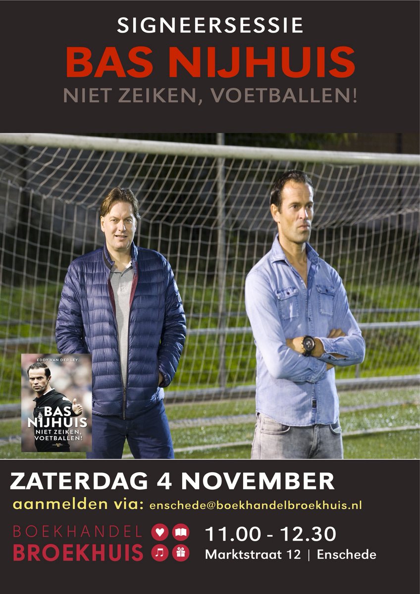 BoekEnschede's tweet image. SCHEIDS BAS NIJHUIS ZATERDAG BIJ BROEKHUIS ENSCHEDE

Topscheidsrechter BAS NIJHUIS signeert zijn boek ‘Niet zeiken, voetballen’ van 11-12.30